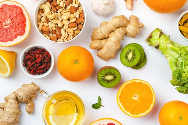 Frische Lebensmittel wie Orangen, Ingwer, Nüsse und Kiwi – Immunsystem stärken Tipps